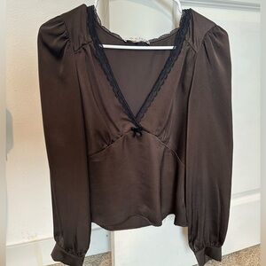 Wayf Chocolate Blouse with Black Lace Detail